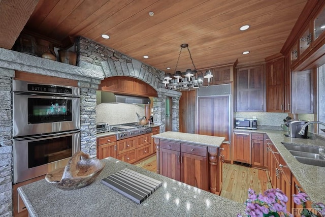 kitchen featuring sink, a kitchen island, wooden ceiling, and appliances with stainless steel finishes