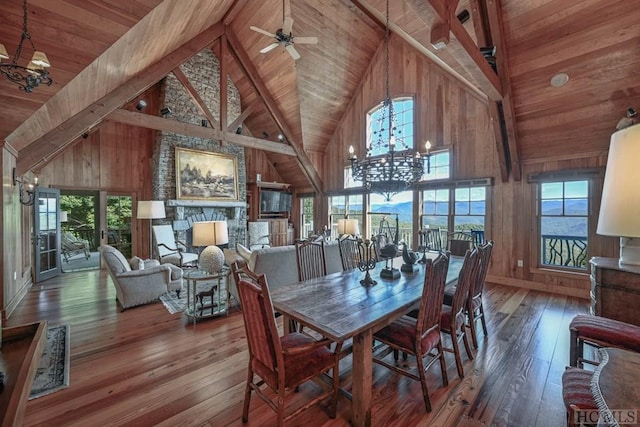 dining space with hardwood / wood-style flooring, high vaulted ceiling, wooden ceiling, and beamed ceiling