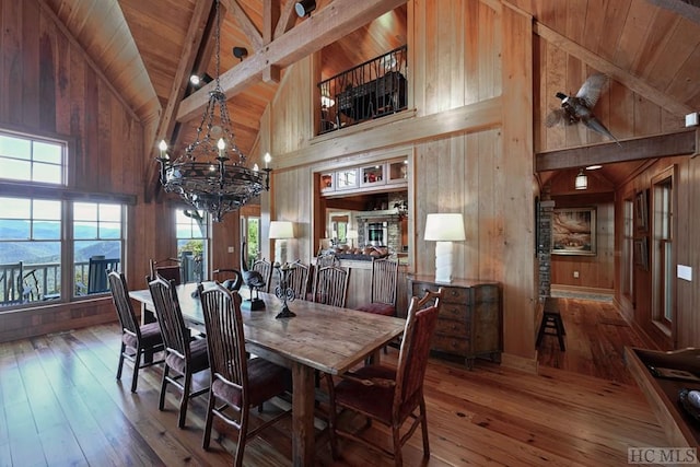 dining area with wood ceiling, hardwood / wood-style floors, beam ceiling, wooden walls, and high vaulted ceiling