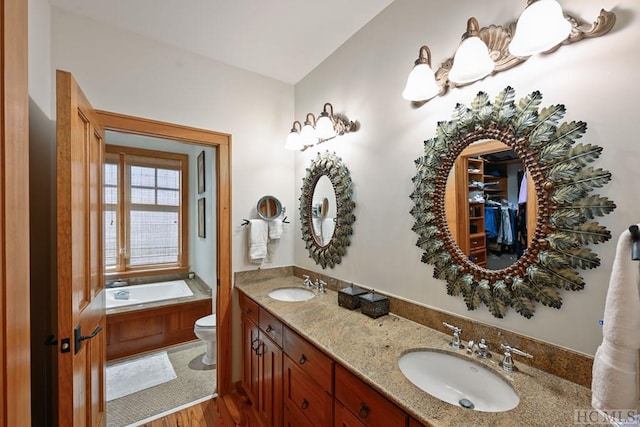 bathroom featuring vanity, hardwood / wood-style floors, toilet, and a bathing tub