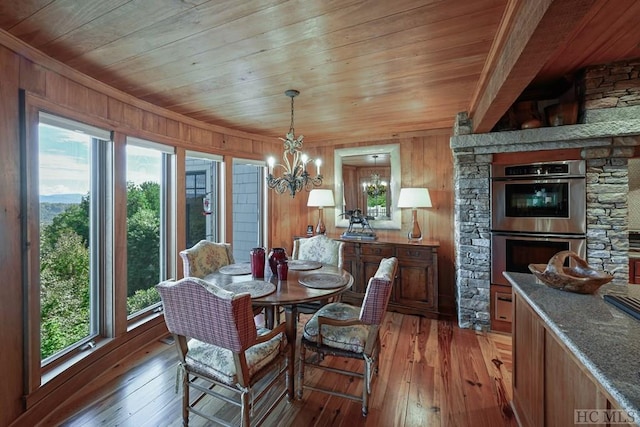 dining room with wood-type flooring, wooden ceiling, and wood walls