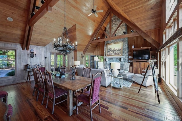 dining space with hardwood / wood-style flooring, wood ceiling, high vaulted ceiling, and beamed ceiling