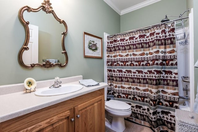 bathroom featuring toilet, vanity, ornamental molding, and walk in shower