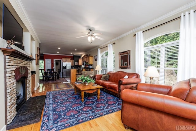 living room featuring hardwood / wood-style flooring, plenty of natural light, crown molding, and a fireplace