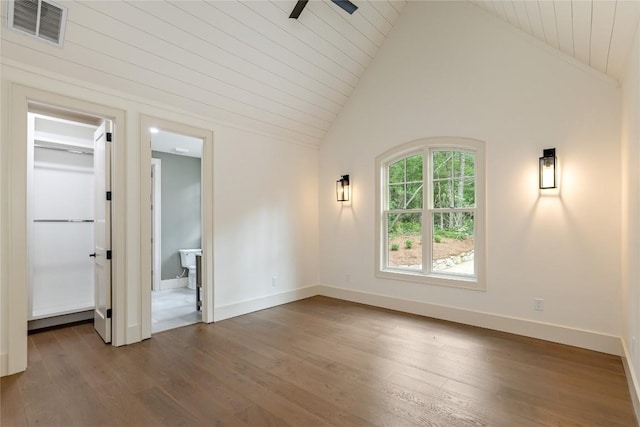 343 Ledgeview Rd, Cashiers, NC 28717 - empty room featuring hardwood / wood-style floors, a ceiling fan, wooden ceiling, and high vaulted ceiling