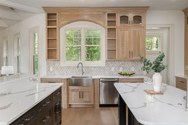 343 Ledgeview Rd, Cashiers, NC 28717 - kitchen with dishwasher, open shelves, decorative backsplash, and light wood-style floors