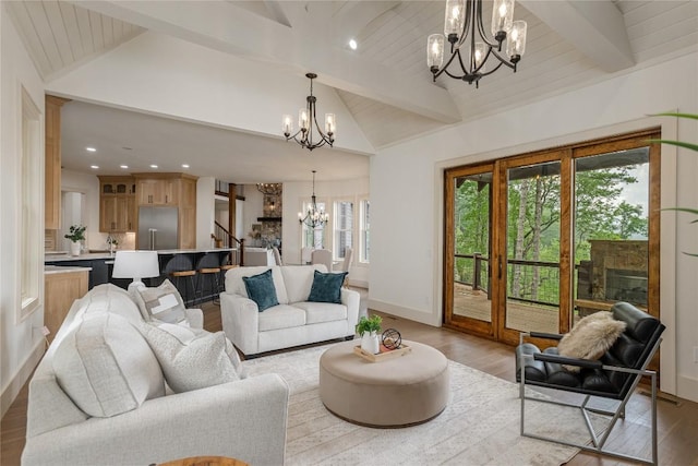 343 Ledgeview Rd, Cashiers, NC 28717 - living room featuring a chandelier, light wood-style flooring, stairs, and recessed lighting