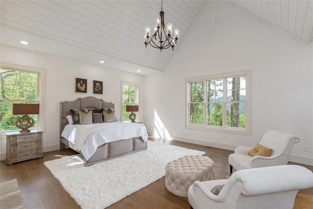 343 Ledgeview Rd, Cashiers, NC 28717 - bedroom featuring high vaulted ceiling, a chandelier, recessed lighting, wood finished floors, and wood ceiling