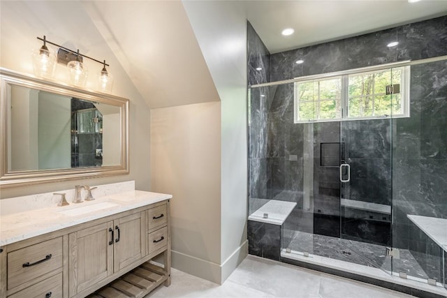 343 Ledgeview Rd, Cashiers, NC 28717 - bathroom featuring vanity, a shower stall, and lofted ceiling