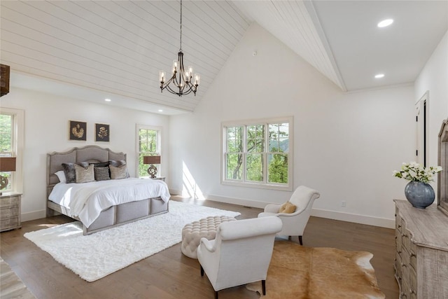 343 Ledgeview Rd, Cashiers, NC 28717 - bedroom with high vaulted ceiling, a chandelier, wood finished floors, and recessed lighting