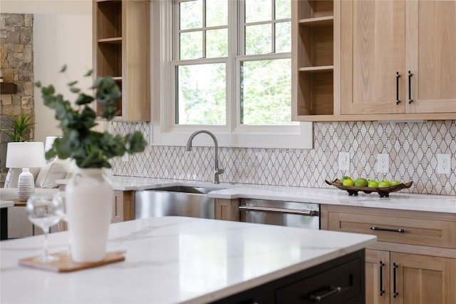 343 Ledgeview Rd, Cashiers, NC 28717 - kitchen featuring open shelves, stainless steel dishwasher, tasteful backsplash, and light brown cabinetry