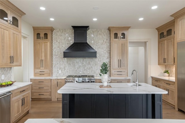 343 Ledgeview Rd, Cashiers, NC 28717 - kitchen with custom exhaust hood, light brown cabinets, decorative backsplash, appliances with stainless steel finishes, and recessed lighting
