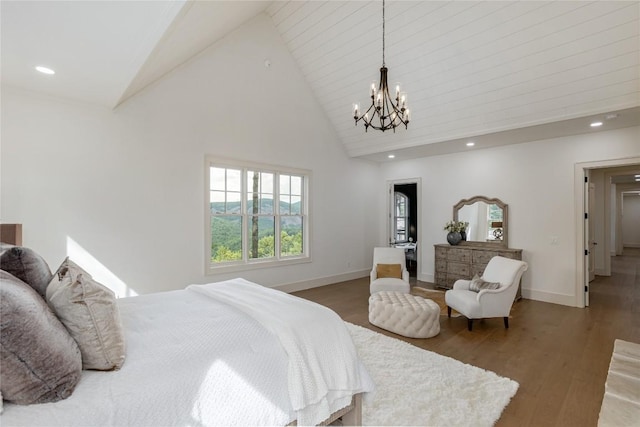 343 Ledgeview Rd, Cashiers, NC 28717 - bedroom with high vaulted ceiling, a chandelier, wood finished floors, and recessed lighting