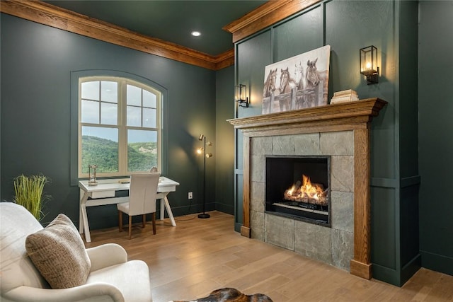 343 Ledgeview Rd, Cashiers, NC 28717 - living area featuring wood finished floors, a tiled fireplace, recessed lighting, and an office area