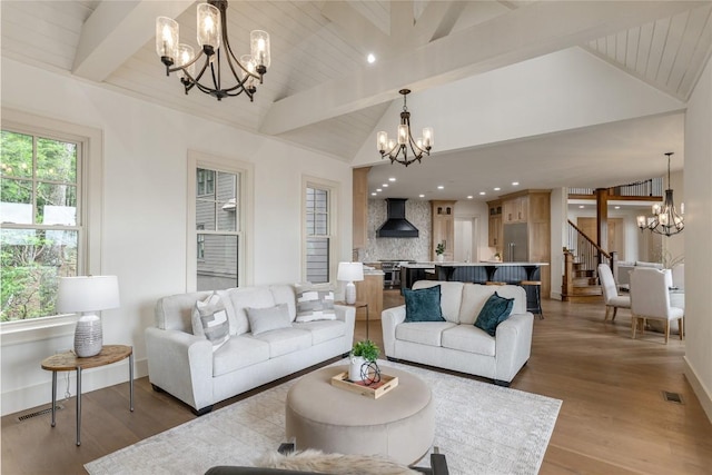 343 Ledgeview Rd, Cashiers, NC 28717 - living room featuring a chandelier, stairway, light wood finished floors, and recessed lighting
