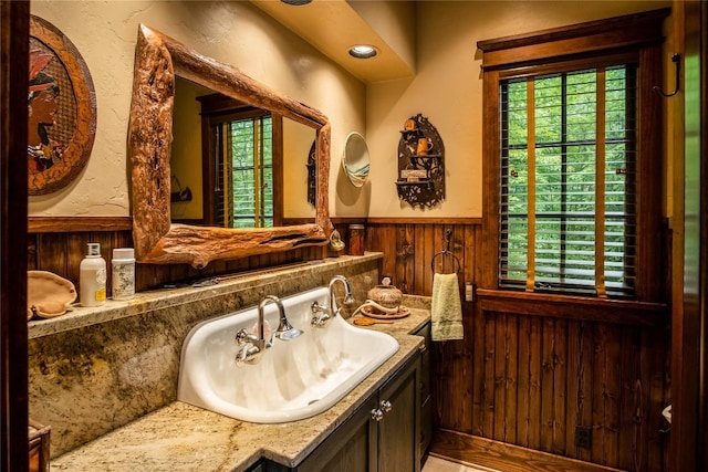 1090 Zeb Alley Rd, Cashiers, NC 28717 - bathroom with a wainscoted wall, wood walls, and vanity