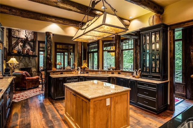 1090 Zeb Alley Rd, Cashiers, NC 28717 - bar with beam ceiling, dark wood-type flooring, and decorative light fixtures