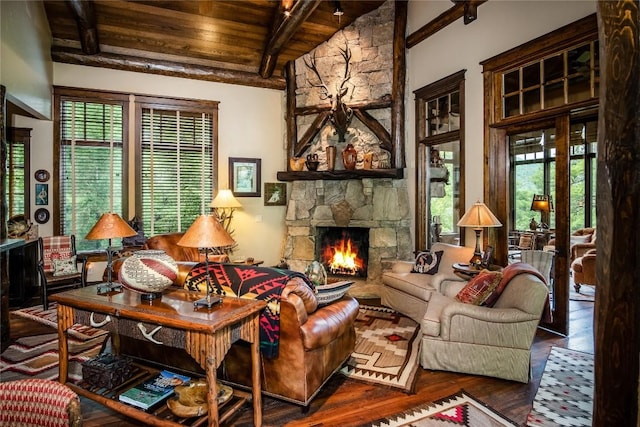 1090 Zeb Alley Rd, Cashiers, NC 28717 - living room featuring wooden ceiling, wood finished floors, and a stone fireplace