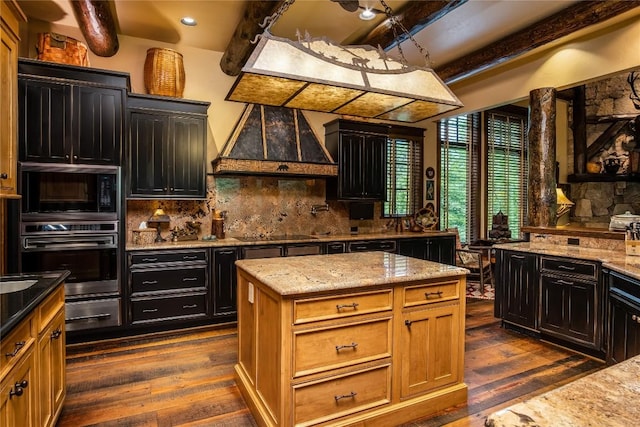 1090 Zeb Alley Rd, Cashiers, NC 28717 - kitchen featuring custom range hood, black appliances, dark wood-style floors, beam ceiling, and backsplash