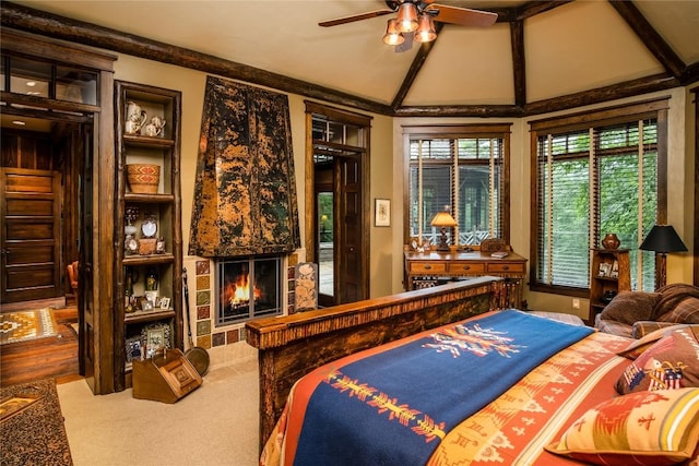 1090 Zeb Alley Rd, Cashiers, NC 28717 - carpeted bedroom featuring vaulted ceiling and a warm lit fireplace