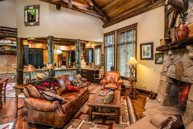 1090 Zeb Alley Rd, Cashiers, NC 28717 - living room featuring hardwood / wood-style floors, a wooden ceiling with exposed beams, and high vaulted ceiling