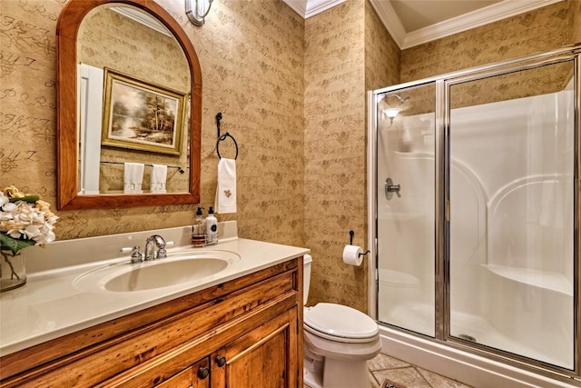 full bathroom with toilet, a stall shower, ornamental molding, wallpapered walls, and vanity