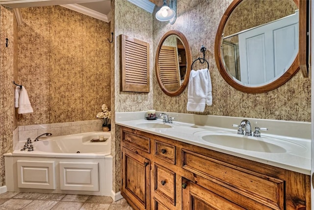 full bathroom with a sink, crown molding, and wallpapered walls