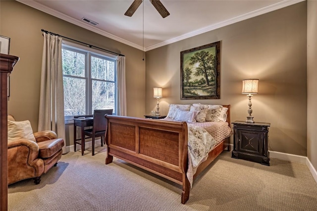 bedroom featuring visible vents, carpet flooring, crown molding, baseboards, and ceiling fan