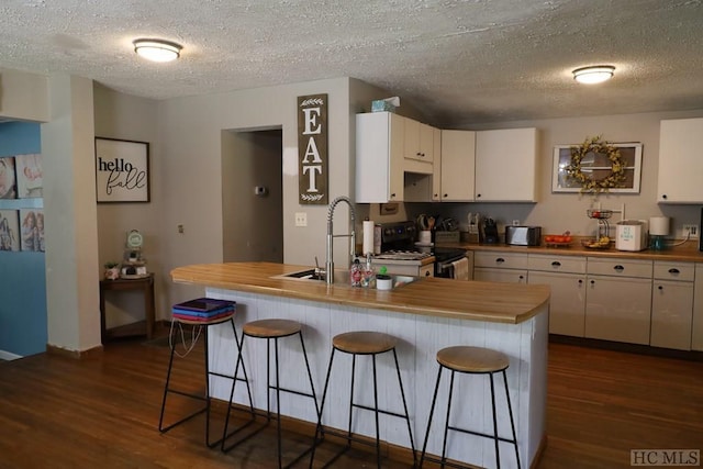 kitchen with wood counters, sink, stainless steel range with electric stovetop, white cabinetry, and a breakfast bar area