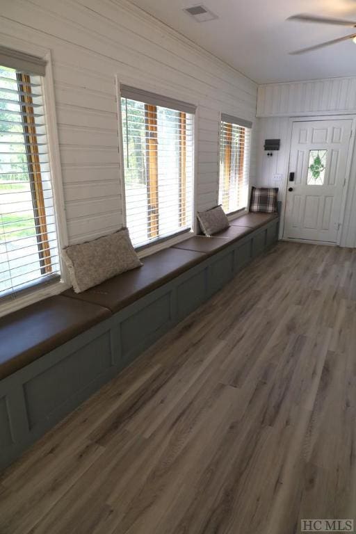 foyer entrance with ceiling fan, dark hardwood / wood-style floors, and a wealth of natural light