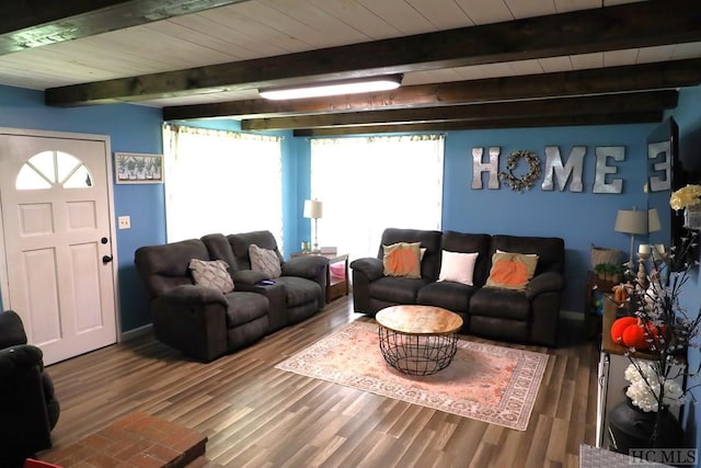 living room featuring hardwood / wood-style floors, beamed ceiling, and wood ceiling