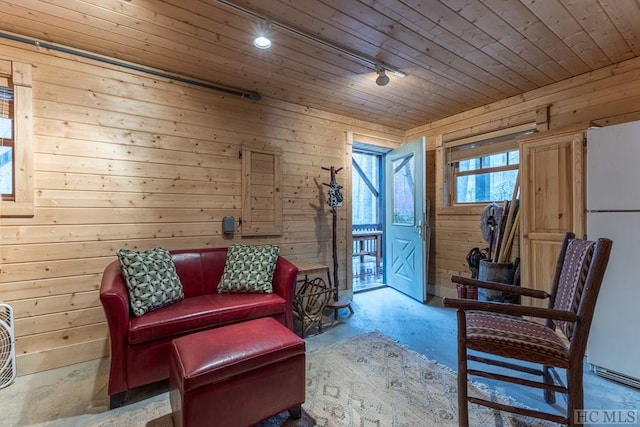 living area with wooden walls, wooden ceiling, and rail lighting