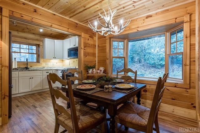 dining area featuring sink, wood walls, wood ceiling, a notable chandelier, and light hardwood / wood-style floors