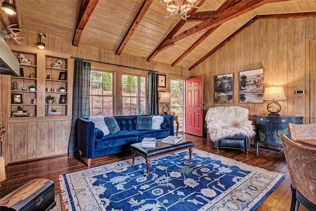 733 Wyanoak Rd, Highlands, NC 28741 - living room with wooden walls, hardwood / wood-style floors, wood ceiling, and a chandelier