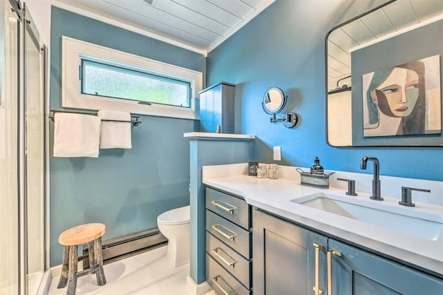 bathroom with vanity, ornamental molding, toilet, wood ceiling, and an enclosed shower