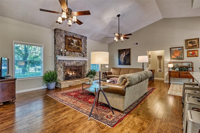 236 Hemlock Woods Dr, Highlands, NC 28741 - living room with a ceiling fan, wood finished floors, a fireplace, and high vaulted ceiling