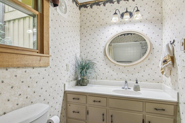 383 Wild Game Trl Unit D, Sapphire, NC 28774 - bathroom with wallpapered walls, toilet, vanity, and a shower with curtain