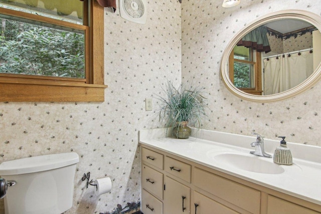 383 Wild Game Trl Unit D, Sapphire, NC 28774 - bathroom with wallpapered walls, vanity, toilet, a shower with curtain, and healthy amount of natural light