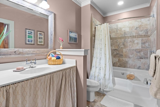 bathroom featuring ornamental molding, shower / tub combo, toilet, and vanity
