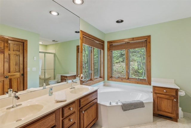 bathroom featuring a sink, a bath, a shower stall, and double vanity