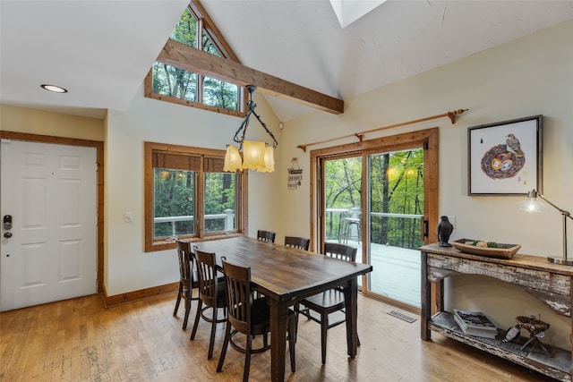 dining space featuring visible vents, baseboards, light wood finished floors, and a healthy amount of sunlight
