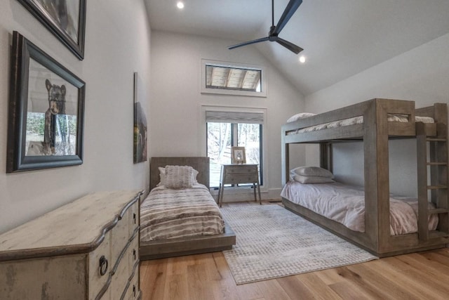 bedroom with light wood finished floors, recessed lighting, ceiling fan, and lofted ceiling