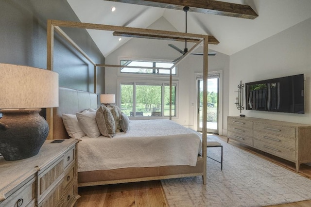 bedroom featuring beamed ceiling, access to outside, high vaulted ceiling, and wood finished floors