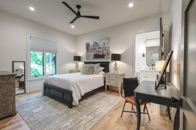 bedroom with light wood-style floors, recessed lighting, and ceiling fan