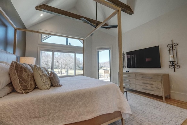 bedroom with beamed ceiling, recessed lighting, wood finished floors, high vaulted ceiling, and a ceiling fan