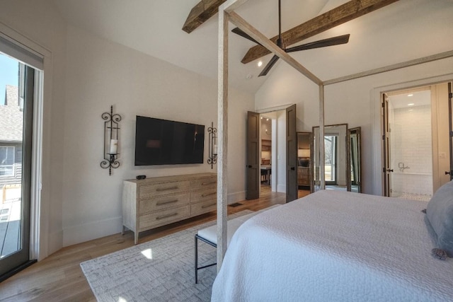 bedroom featuring beamed ceiling, wood finished floors, baseboards, and high vaulted ceiling