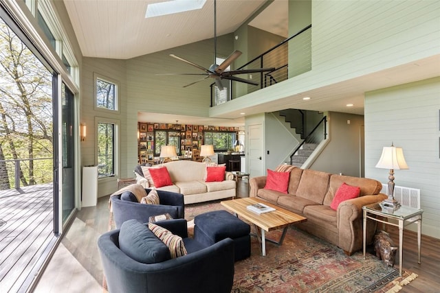 46 Zermatt Cir, Highlands, NC 28741 - living area featuring high vaulted ceiling, wood finished floors, stairs, a skylight, and a ceiling fan