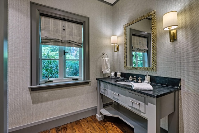 581 Sagee Woods Dr, Highlands, NC 28741 - bathroom featuring wood finished floors, baseboards, and vanity