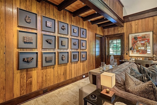 581 Sagee Woods Dr, Highlands, NC 28741 - sitting room featuring beam ceiling, wood walls, and carpet flooring
