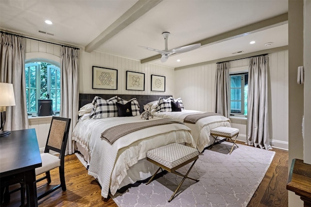 581 Sagee Woods Dr, Highlands, NC 28741 - bedroom with beam ceiling, wood finished floors, ceiling fan, and recessed lighting